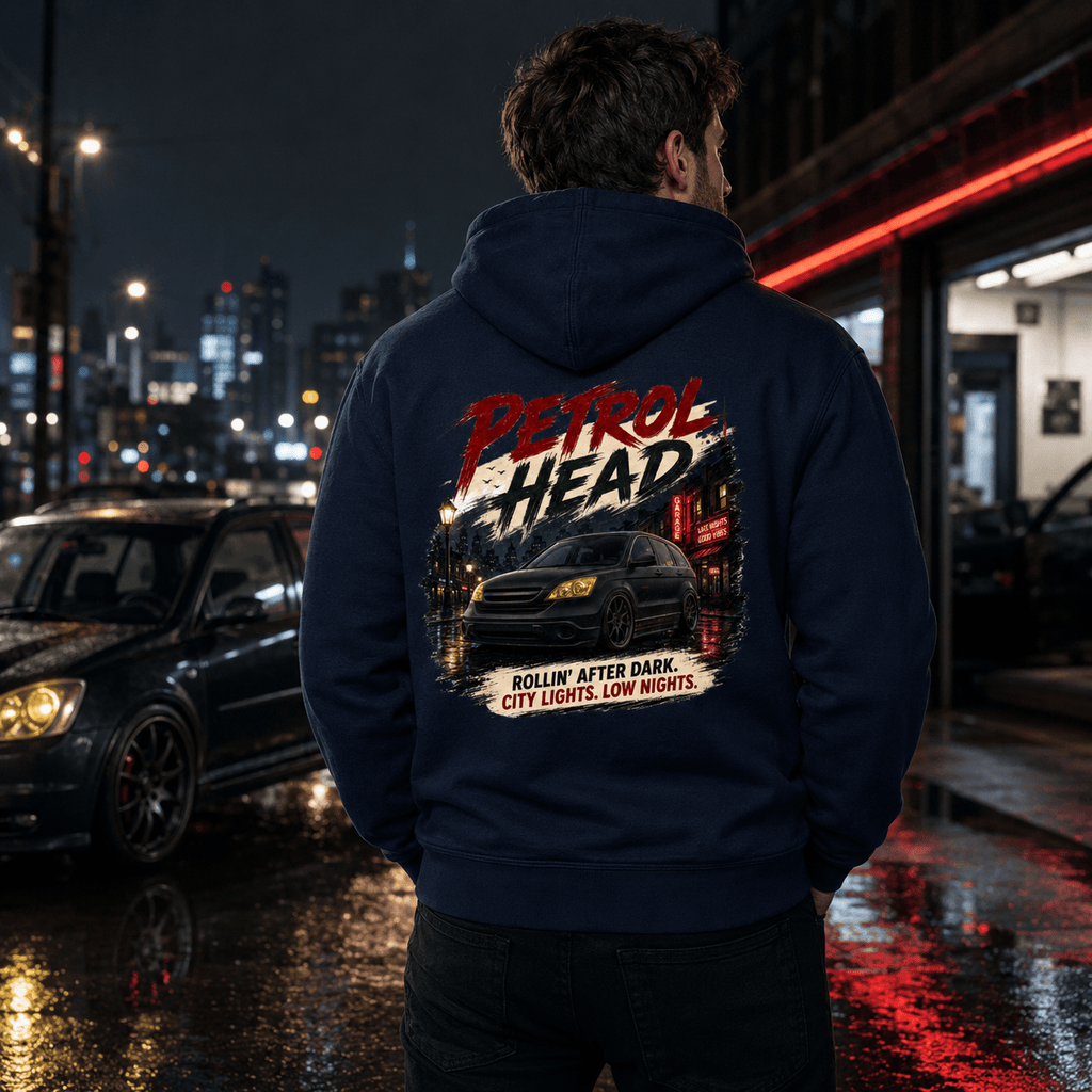 Model wearing Camberline Cars Petrol Head Hoodie in Navy