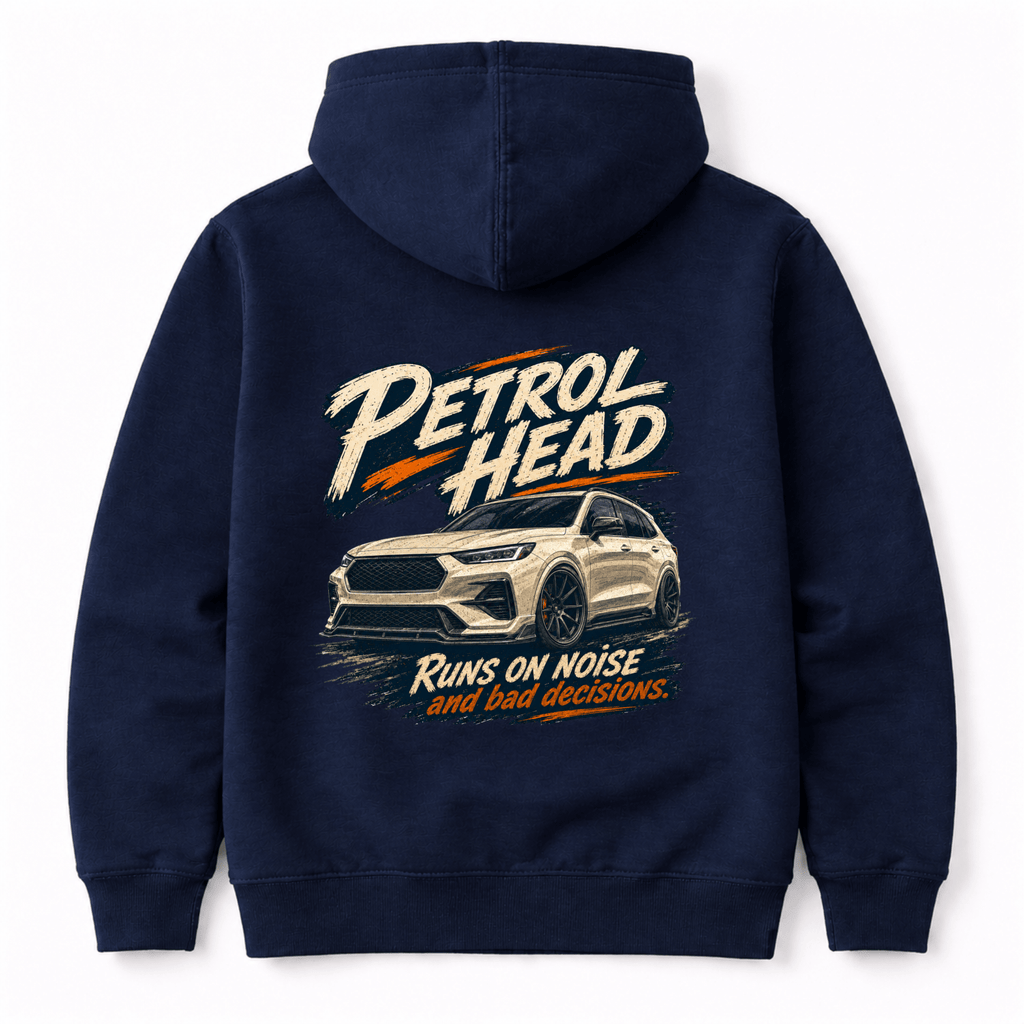 Camberline Cars Petrol Head SUV Crossover Hoodie in Navy showing back graphic