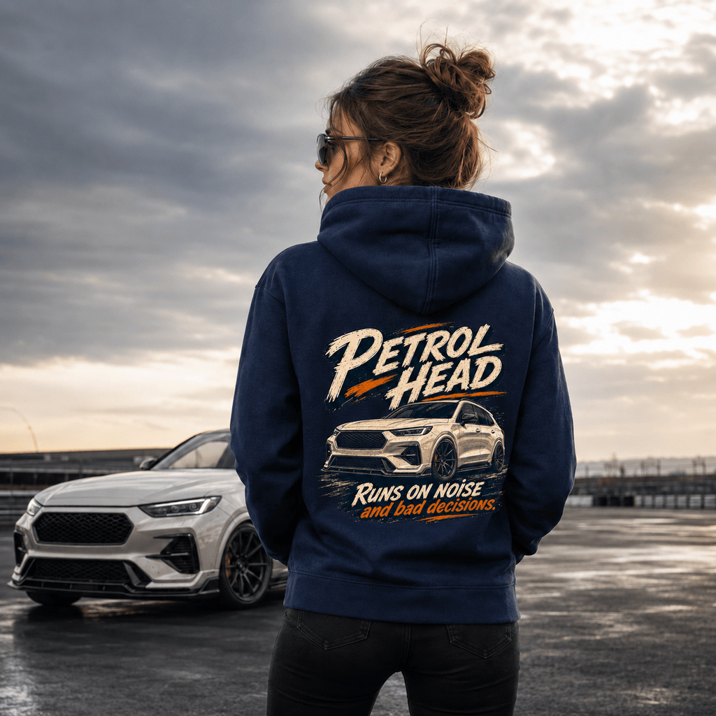 Model wearing Camberline Cars Petrol Head SUV Crossover Hoodie in Navy, styled for car and 4x4 culture
