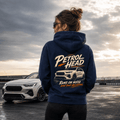 Model wearing Camberline Cars Petrol Head SUV Crossover Hoodie in Navy, styled for car and 4x4 culture