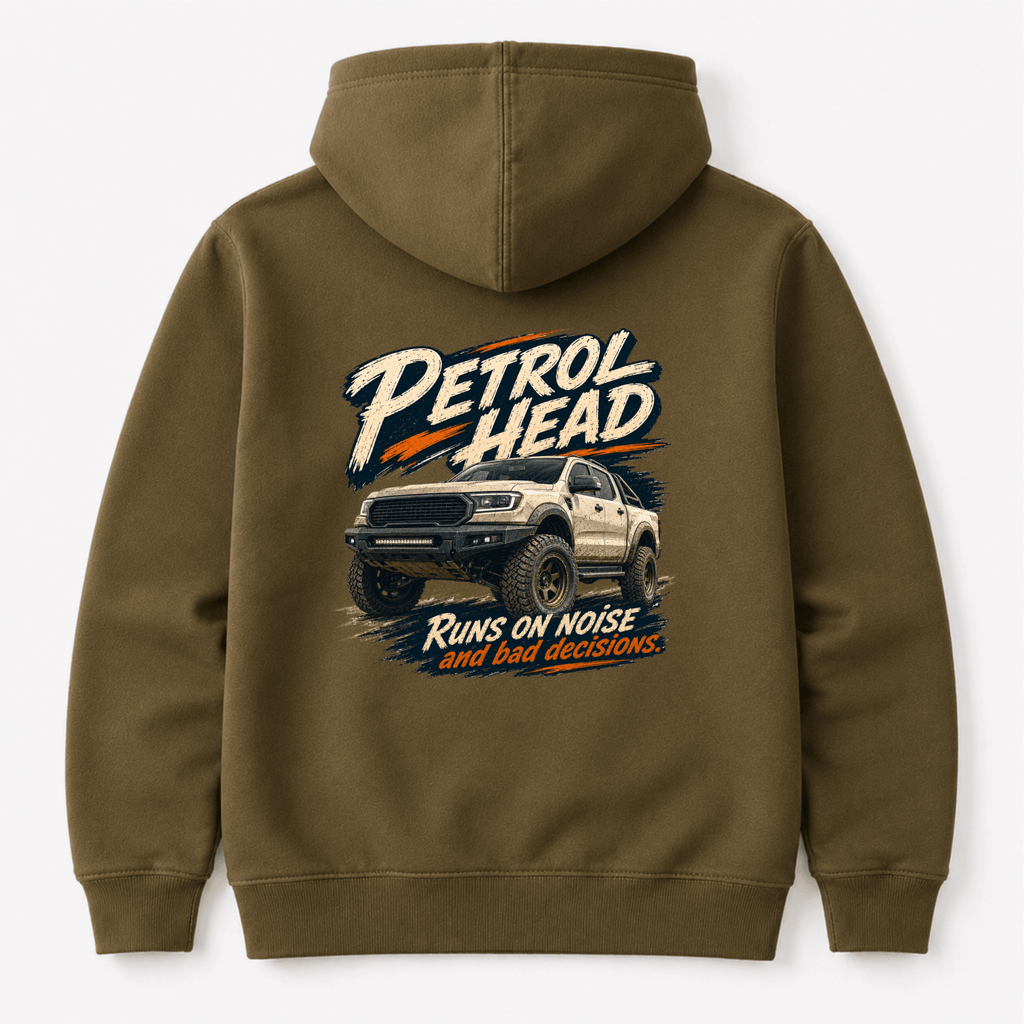 Camberline Cars Petrol Head Off Road Pickup Hoodie in Combat Green showing back graphic