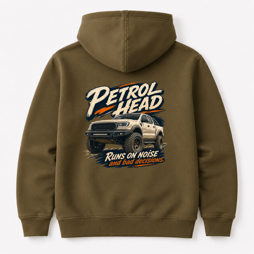 Camberline Cars Petrol Head Off Road Pickup Hoodie in Combat Green showing back graphic