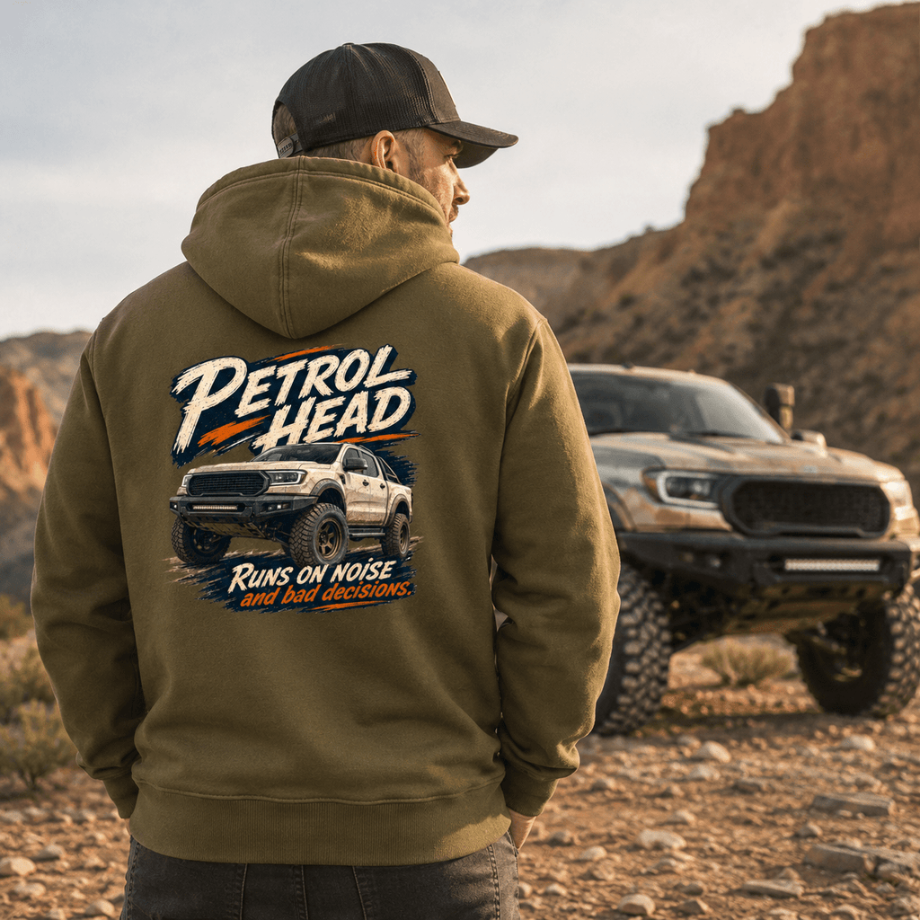 Model wearing Camberline Cars Petrol Head Off Road Pickup Hoodie in Combat Green, styled for car and 4x4 culture