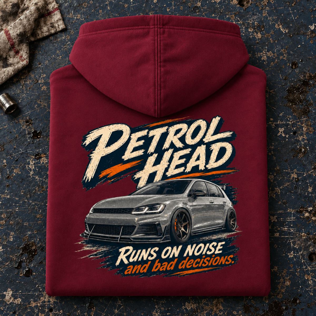 Hot Hatch Graphic Hoodie – Performance Car Enthusiast, folded back main hero on a worn automotive workbench – car-hd-0083