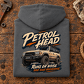 4x4 Off Road Graphic Hoodie – Adventure Charcoal, folded back main hero on a worn automotive workbench – car-hd-0078