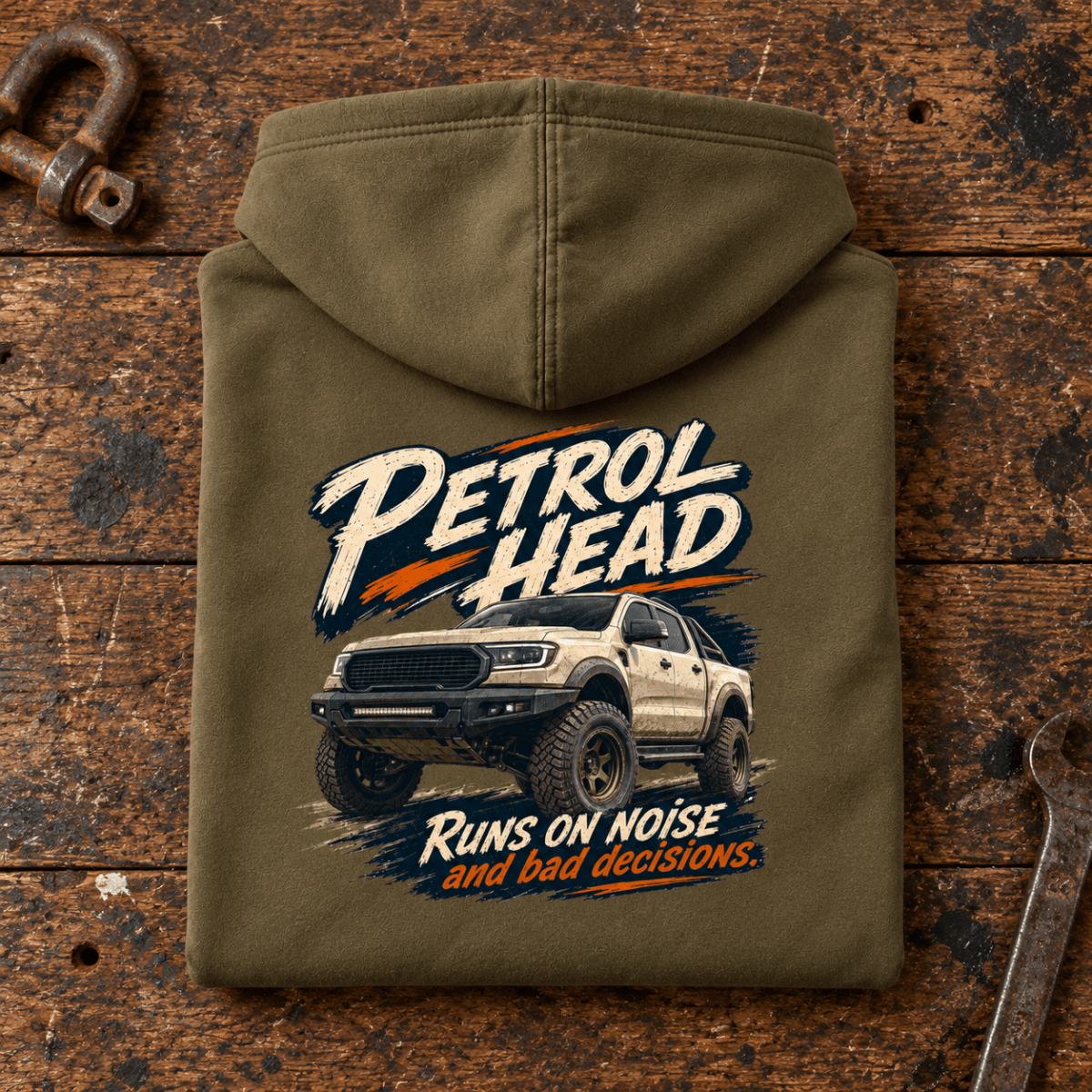 4x4 Off Road Graphic Hoodie – Pickup Truck, folded back main hero on a worn automotive workbench – car-hd-0081
