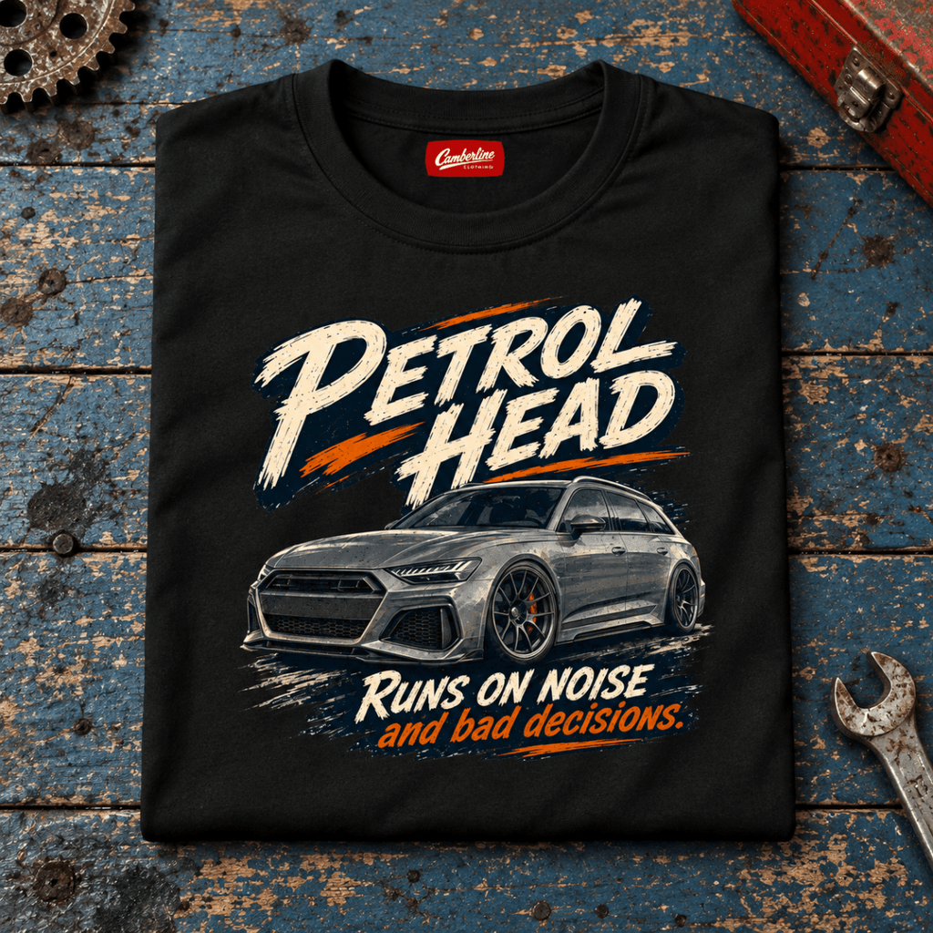 Estate Car Graphic T-Shirt – Petrol Head, folded front main hero on a worn automotive workbench – car-ts-0079
