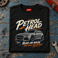 Estate Car Graphic T-Shirt – Petrol Head, folded front main hero on a worn automotive workbench – car-ts-0079