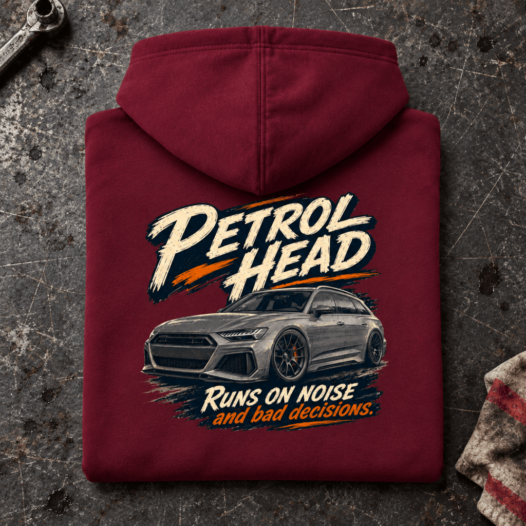 Estate Car Graphic Hoodie – Petrol Head, folded back main hero on a worn automotive workbench – car-hd-0079