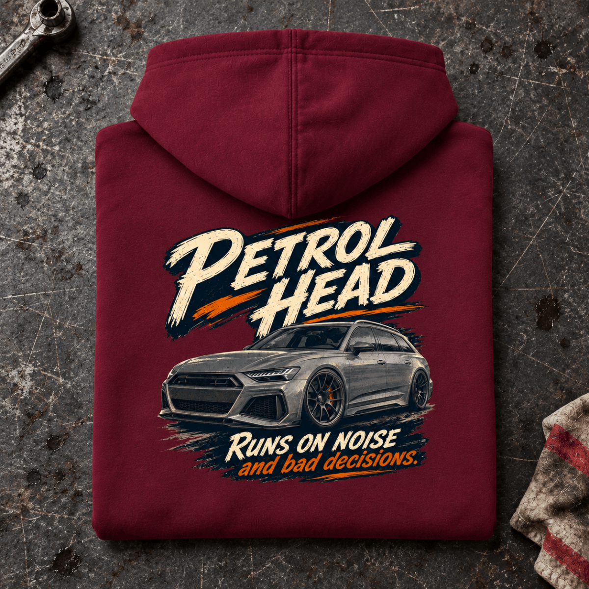 Estate Car Graphic Hoodie – Petrol Head, folded back main hero on a worn automotive workbench – car-hd-0079