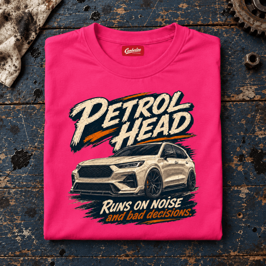 SUV & 4x4 Graphic T-Shirt – Petrol Head, folded front main hero on a worn automotive workbench – car-ts-0082
