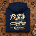 SUV & 4x4 Graphic Hoodie – Petrol Head, folded back main hero on a worn automotive workbench – car-hd-0082