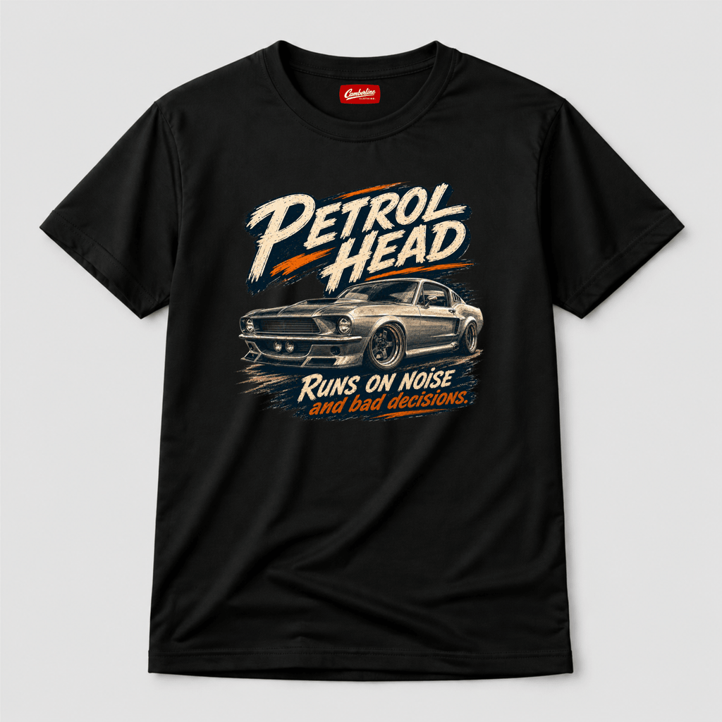 Camberline Cars Petrol Head Classic Muscle T-Shirt in Black showing front graphic