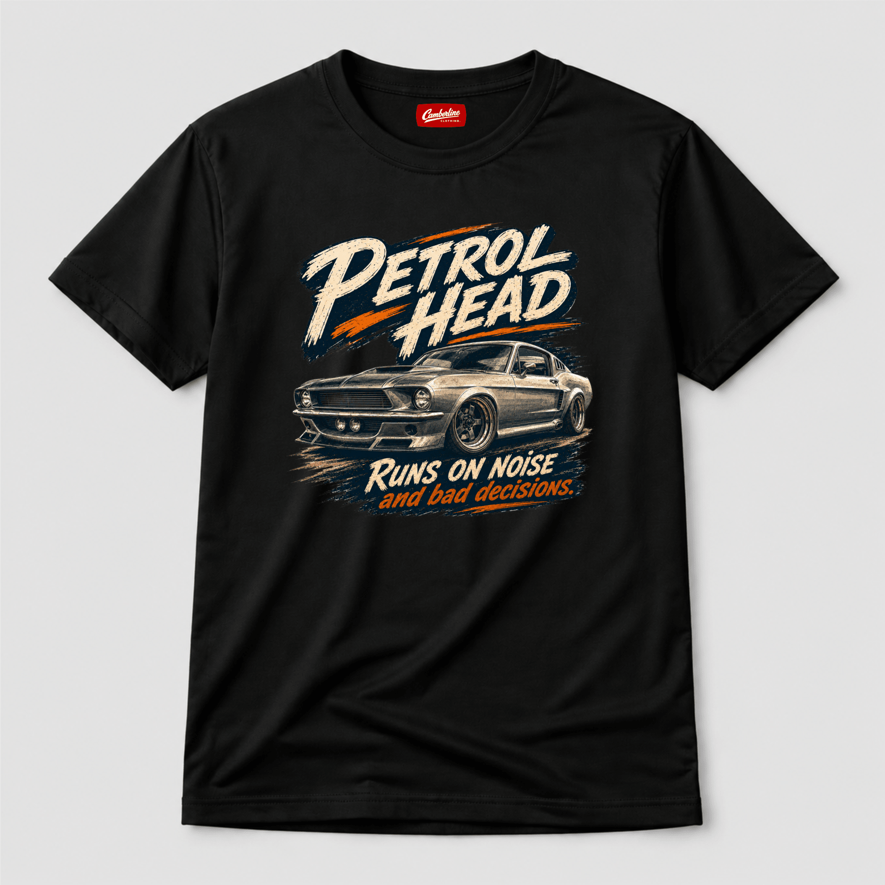 Camberline Cars Petrol Head Classic Muscle T-Shirt in Black showing front graphic