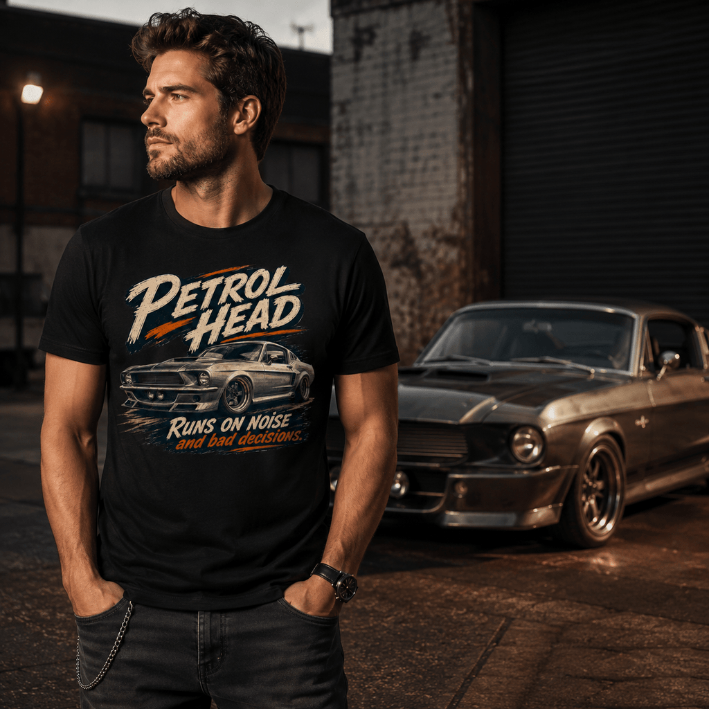 Model wearing Camberline Cars Petrol Head Classic Muscle T-Shirt in Black, styled for car and 4x4 culture