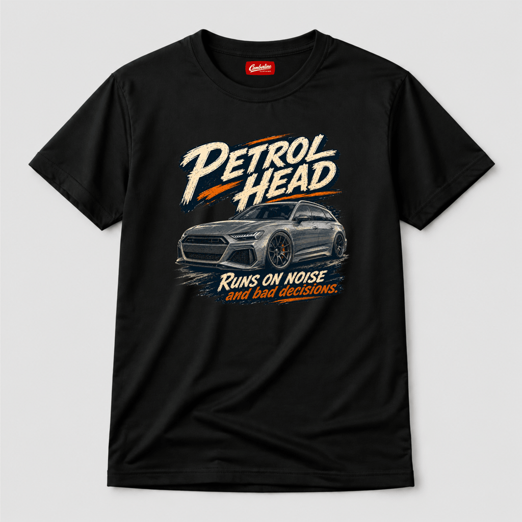 Camberline Cars Petrol Head Estate Car T-Shirt in Black showing front graphic