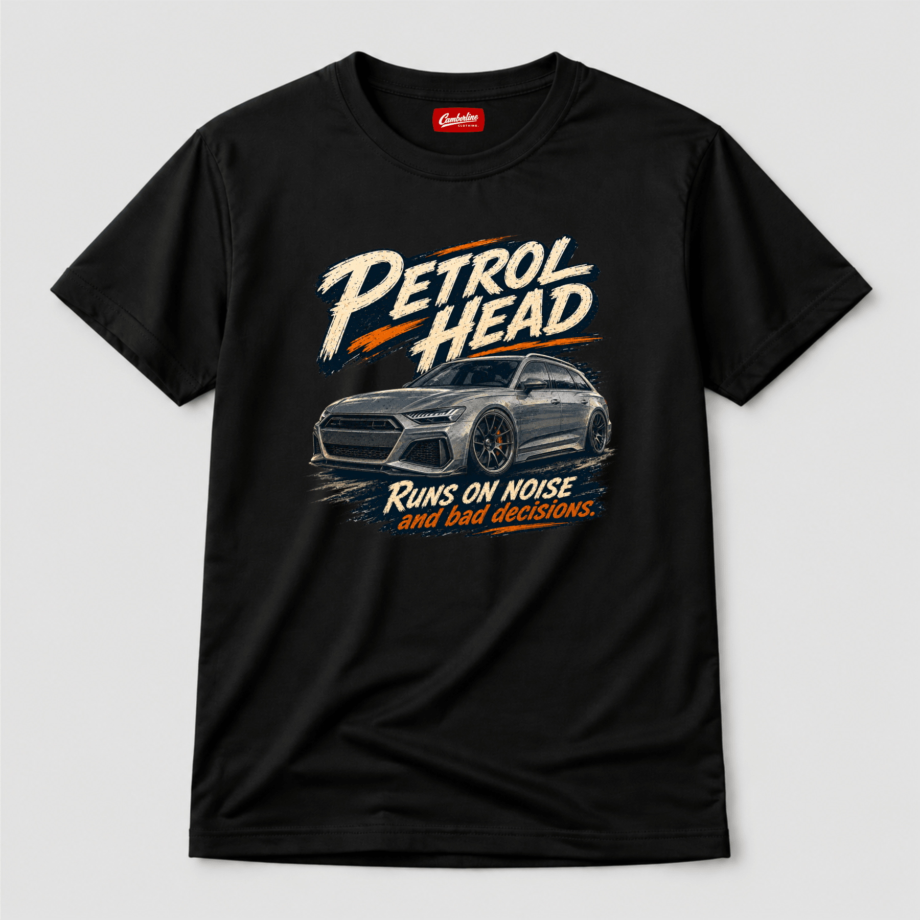 Camberline Cars Petrol Head Estate Car T-Shirt in Black showing front graphic