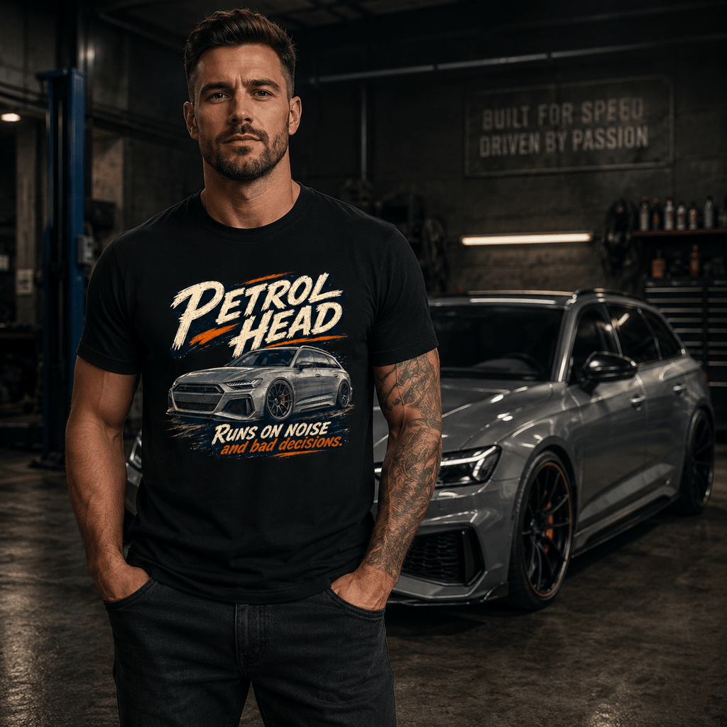 Model wearing Camberline Cars Petrol Head Estate Car T-Shirt in Black, styled for car and 4x4 culture