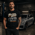 Model wearing Camberline Cars Petrol Head Estate Car T-Shirt in Black, styled for car and 4x4 culture