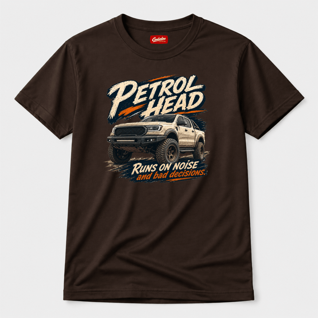 Camberline Cars Petrol Head Off Road Pickup T-Shirt in Dark Chocolate showing front graphic