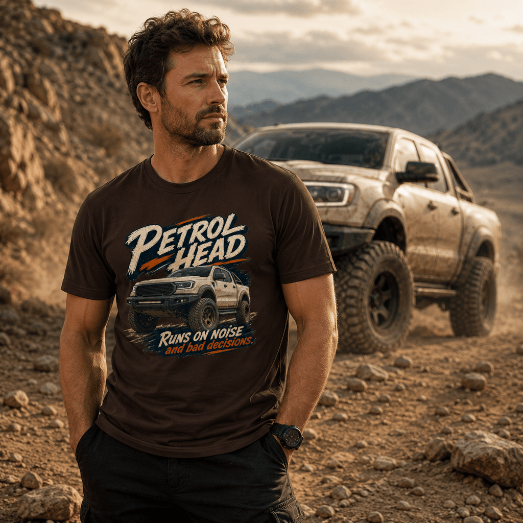 Model wearing Camberline Cars Petrol Head Off Road Pickup T-Shirt in Dark Chocolate, styled for car and 4x4 culture
