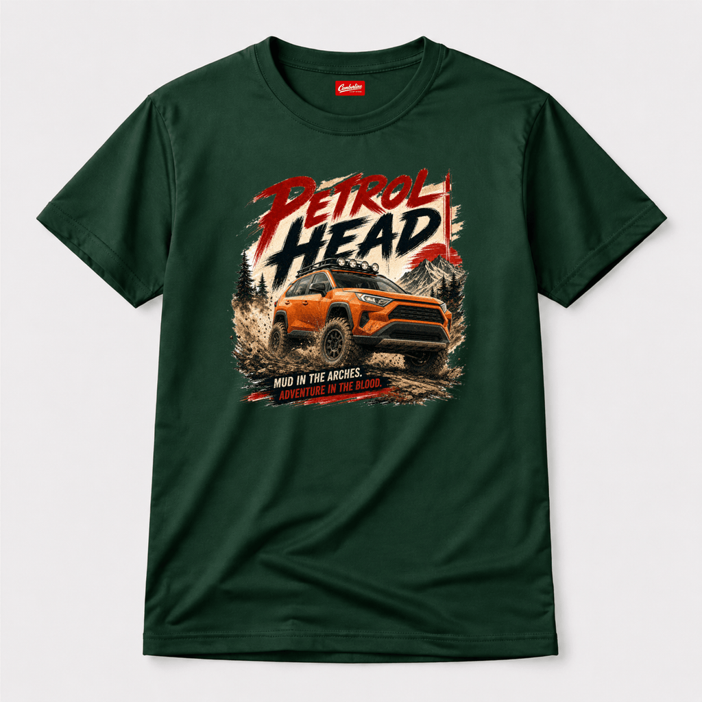 Camberline Cars Petrol Head T-Shirt in Forest Green showing front graphic