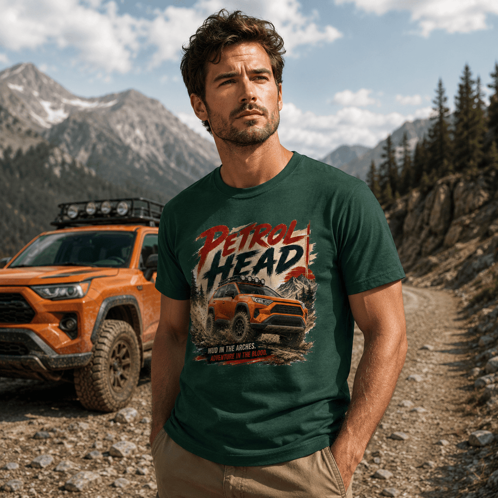 Model wearing Camberline Cars Petrol Head T-Shirt in Forest Green