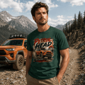 Model wearing Camberline Cars Petrol Head T-Shirt in Forest Green