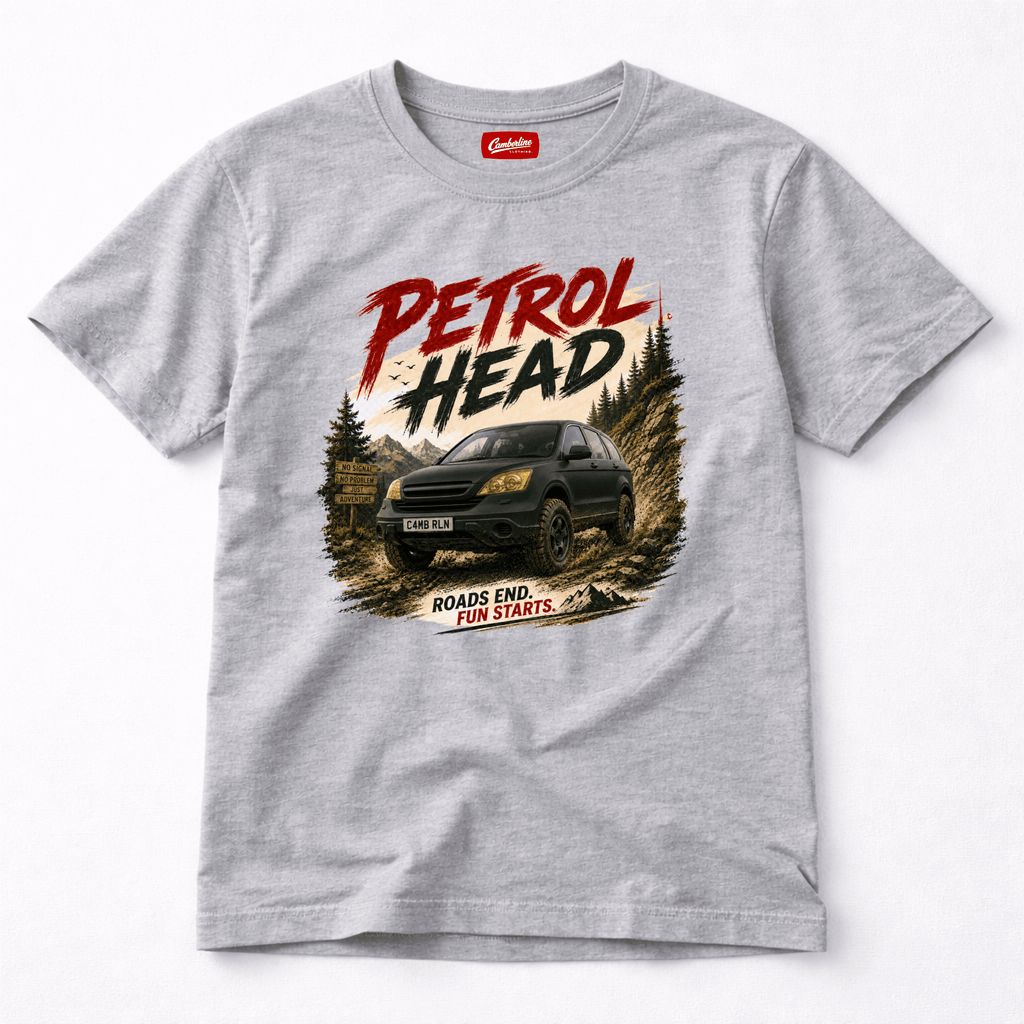 Camberline Cars Petrol Head T-Shirt in Sport Grey showing front graphic