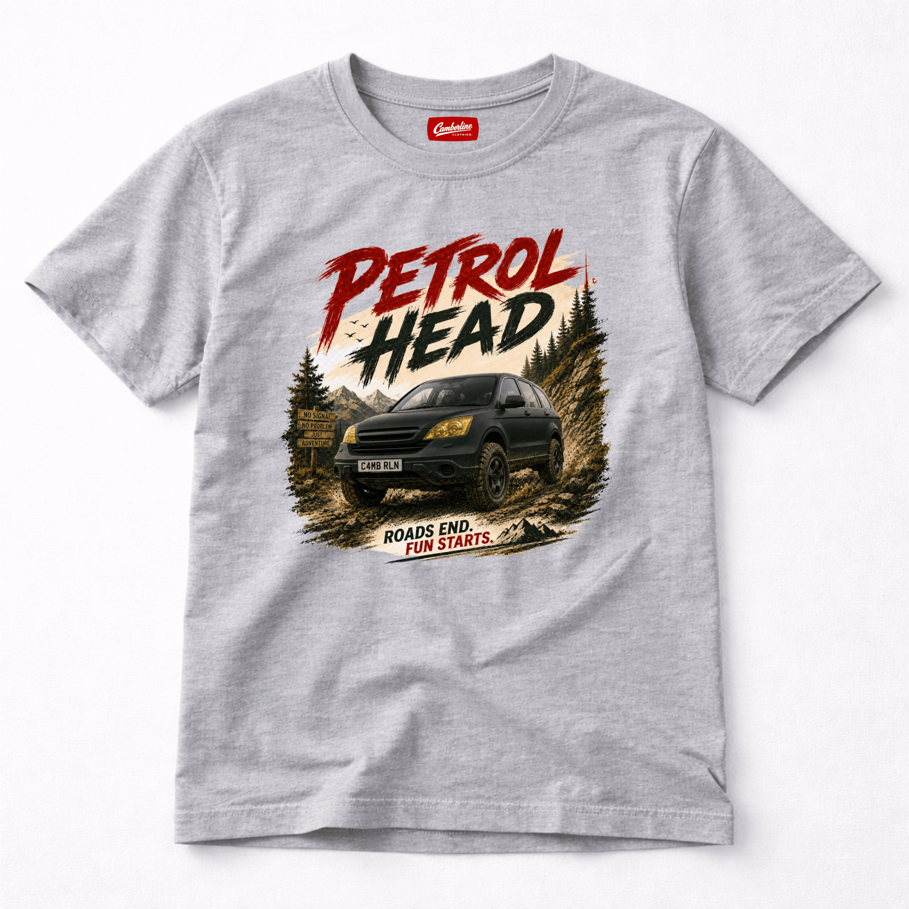 Camberline Cars Petrol Head T-Shirt in Sport Grey showing front graphic