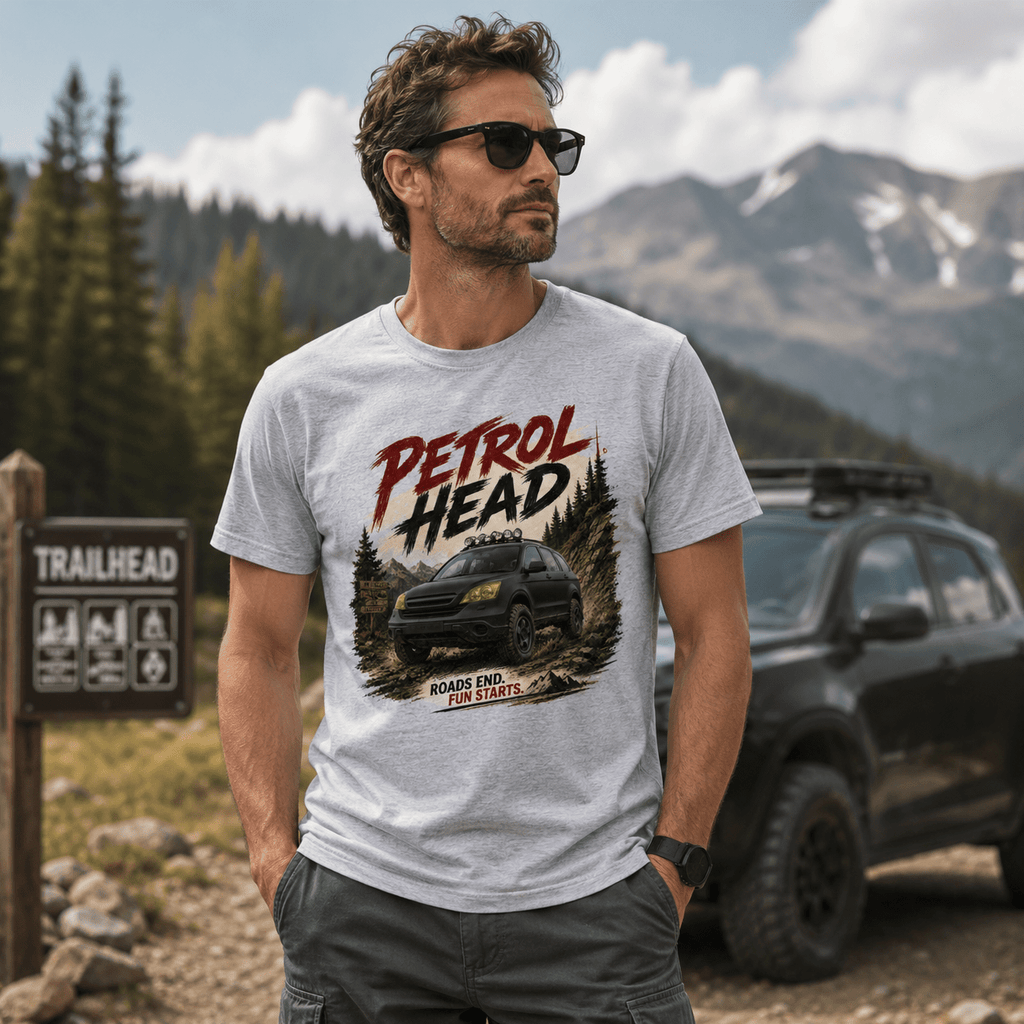 Model wearing Camberline Cars Petrol Head T-Shirt in Sport Grey