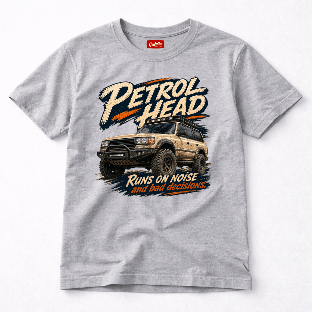Camberline Cars Petrol Head Off Road 4x4 T-Shirt in Sport Grey showing front graphic