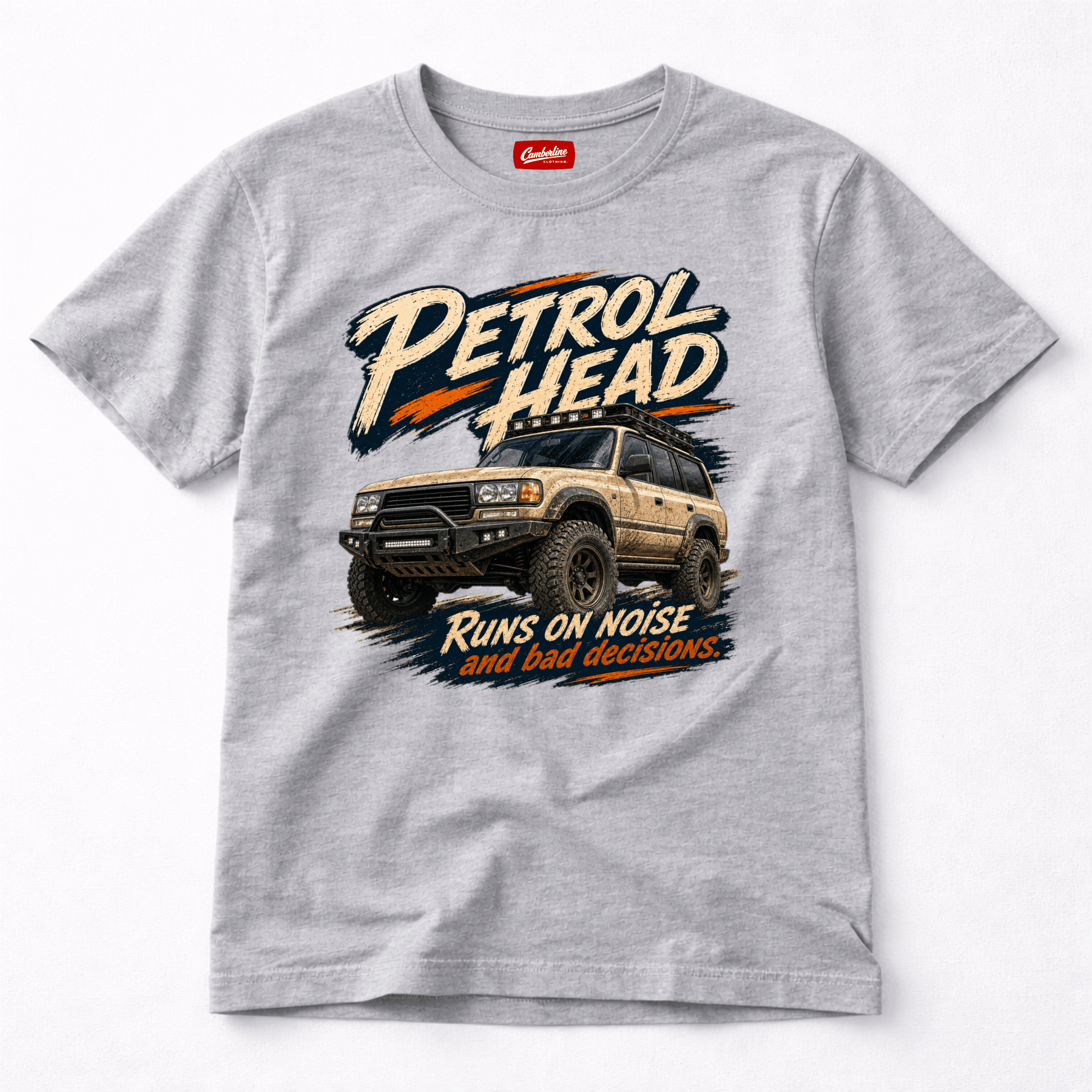 Camberline Cars Petrol Head Off Road 4x4 T-Shirt in Sport Grey showing front graphic