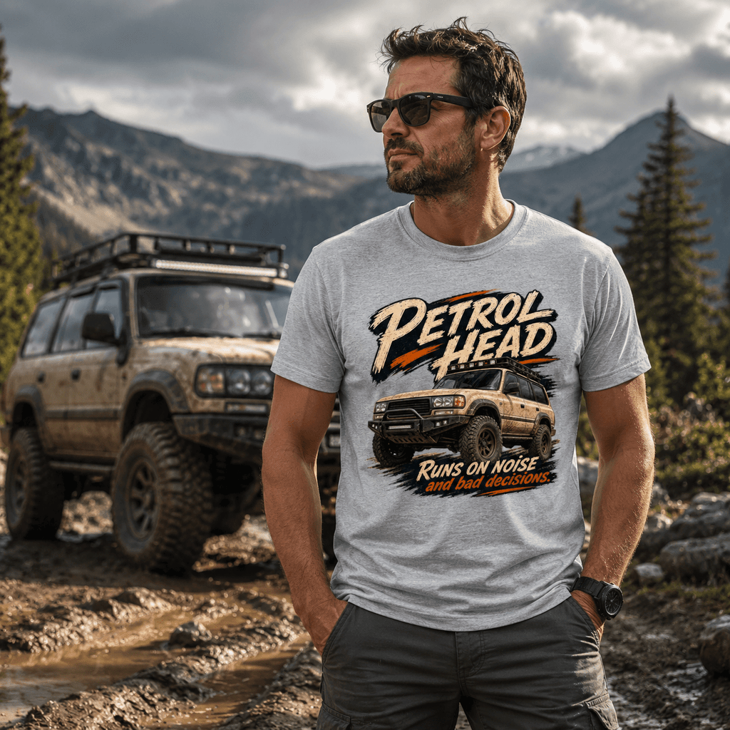 Model wearing Camberline Cars Petrol Head Off Road 4x4 T-Shirt in Sport Grey, styled for car and 4x4 culture