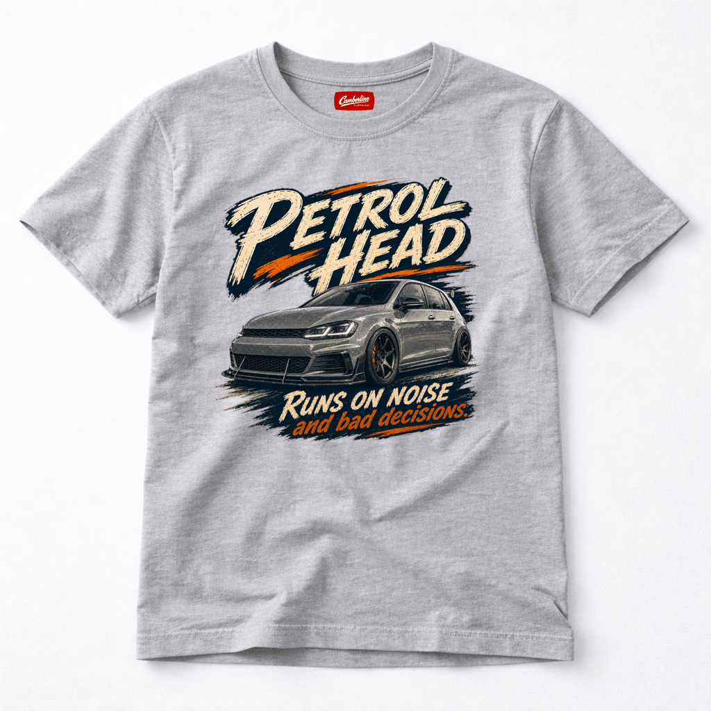 Camberline Cars Petrol Head Hot Hatch T-Shirt in Sport Grey showing front graphic