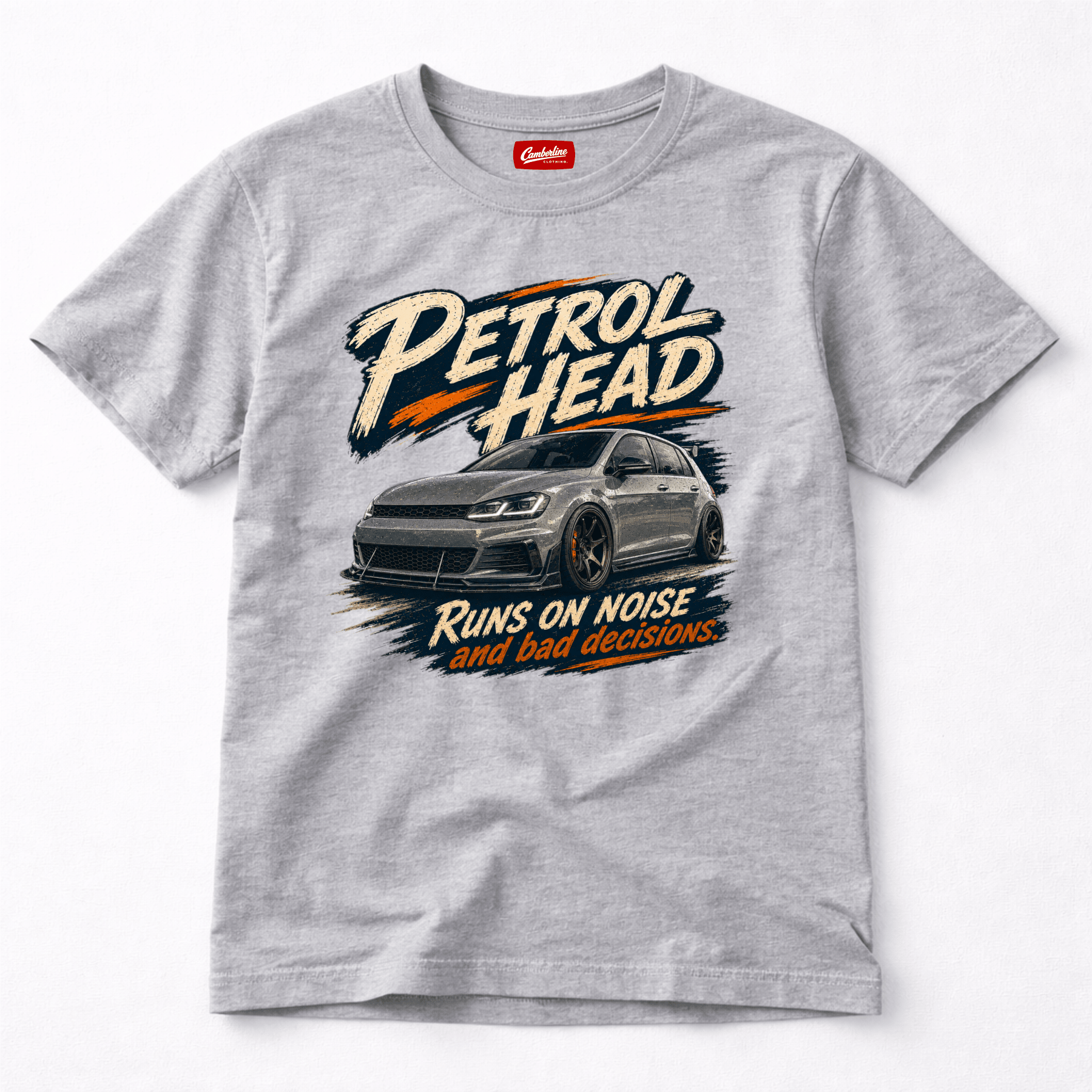 Camberline Cars Petrol Head Hot Hatch T-Shirt in Sport Grey showing front graphic