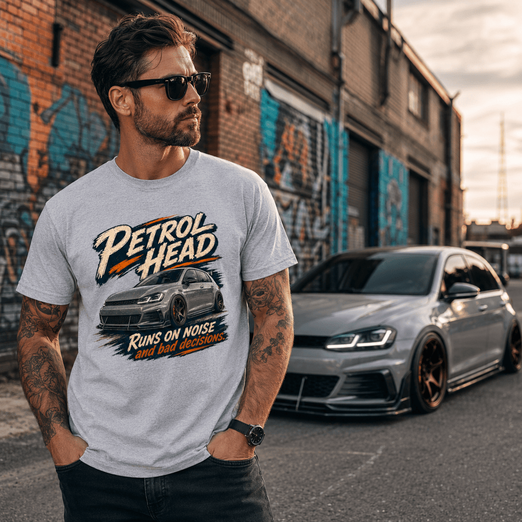 Model wearing Camberline Cars Petrol Head Hot Hatch T-Shirt in Sport Grey, styled for car and 4x4 culture