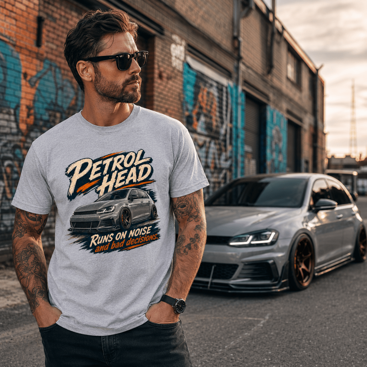 Model wearing Camberline Cars Petrol Head Hot Hatch T-Shirt in Sport Grey, styled for car and 4x4 culture