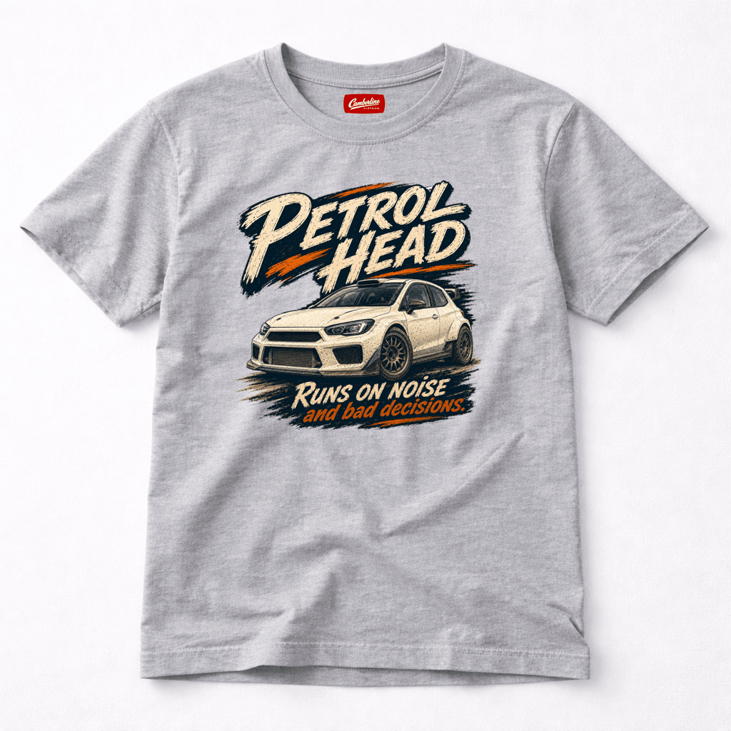 Camberline Cars Petrol Head Rally Hatchback T-Shirt in Sport Grey showing front graphic