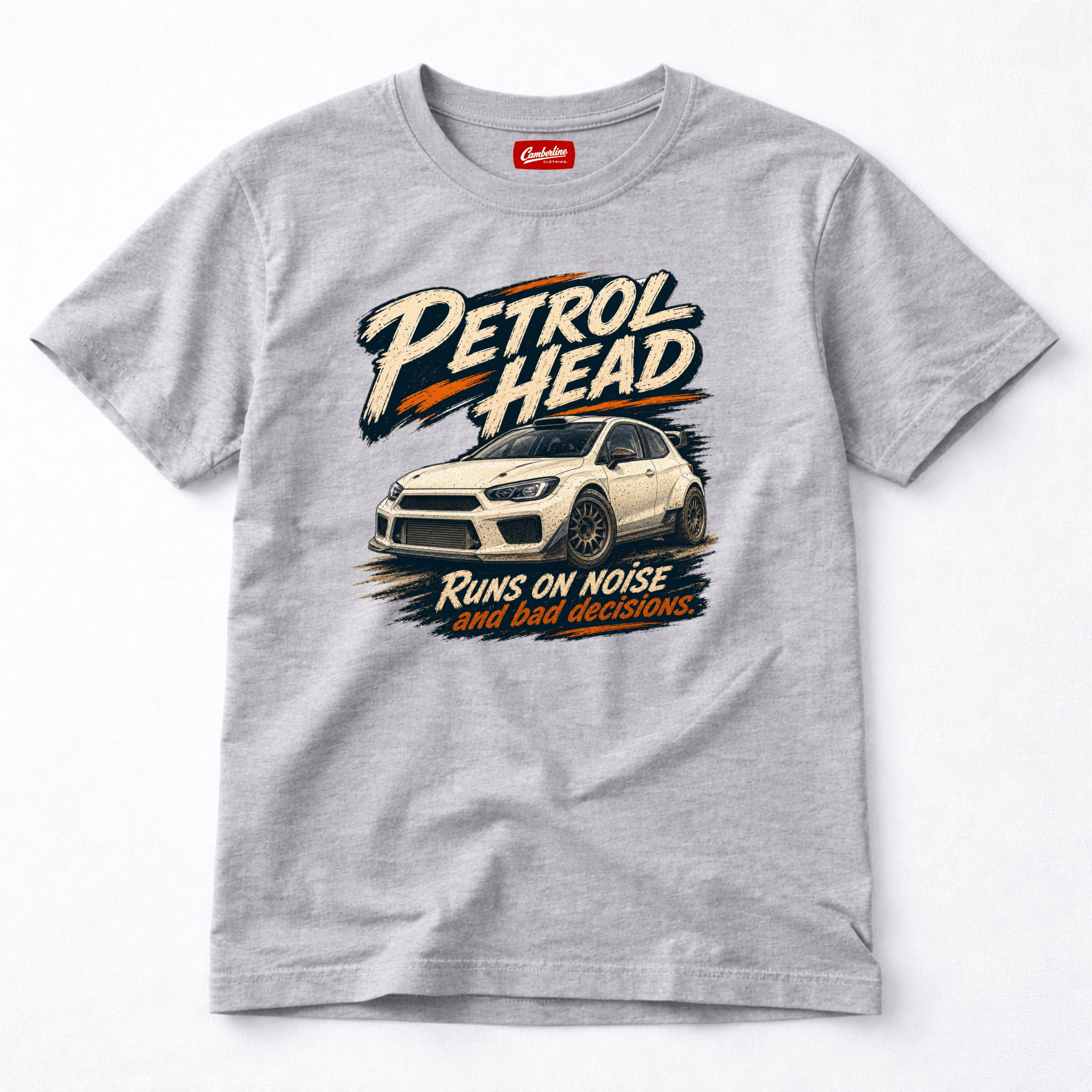Camberline Cars Petrol Head Rally Hatchback T-Shirt in Sport Grey showing front graphic