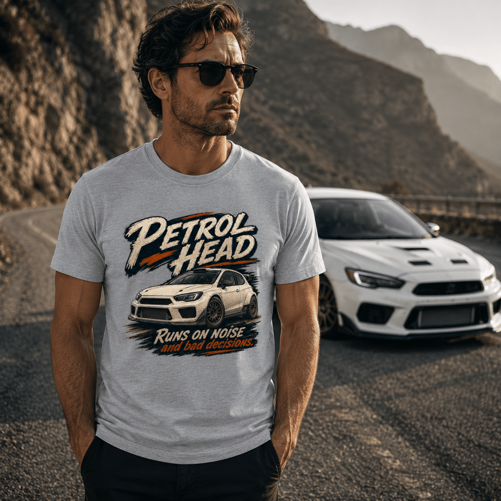 Model wearing Camberline Cars Petrol Head Rally Hatchback T-Shirt in Sport Grey, styled for car and 4x4 culture