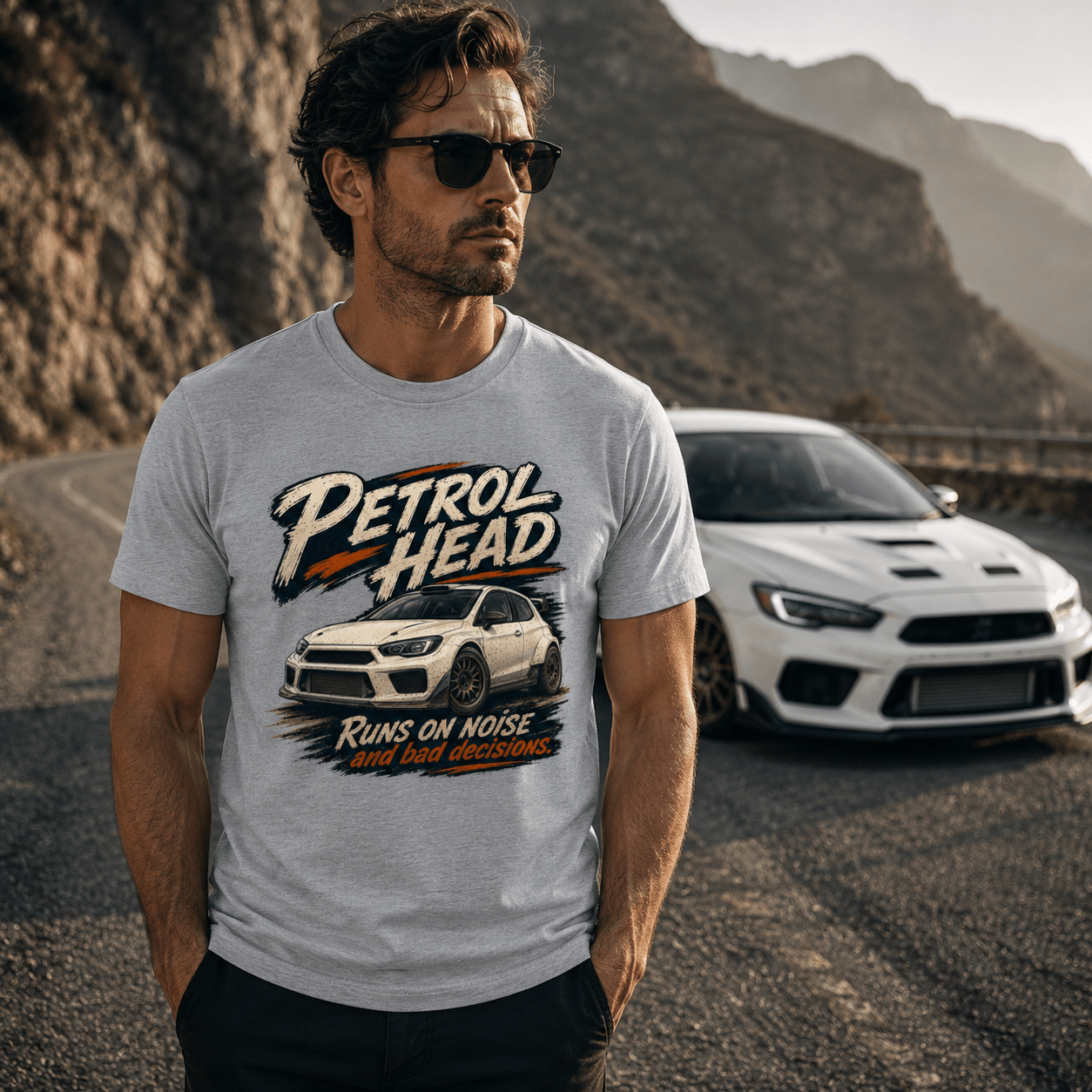Model wearing Camberline Cars Petrol Head Rally Hatchback T-Shirt in Sport Grey, styled for car and 4x4 culture