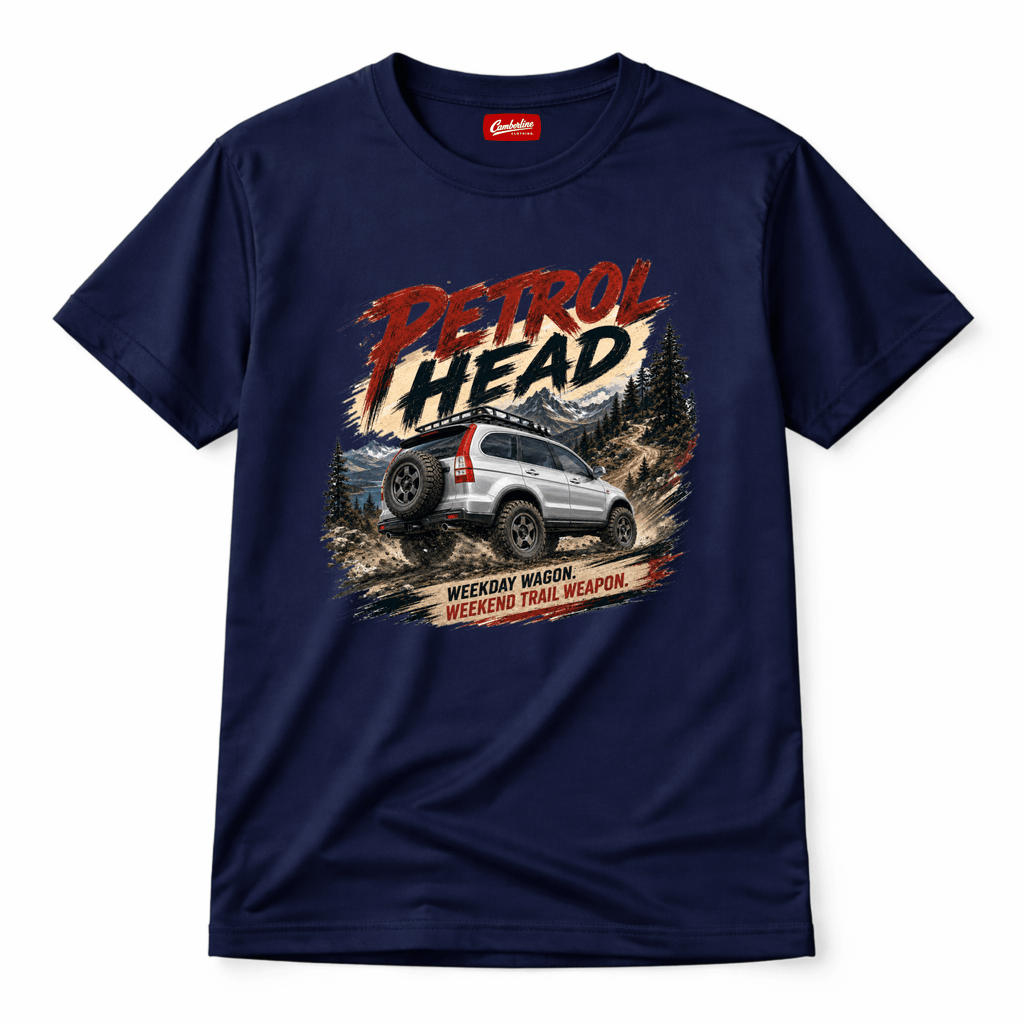 Camberline Cars Petrol Head T-Shirt in Navy showing front graphic