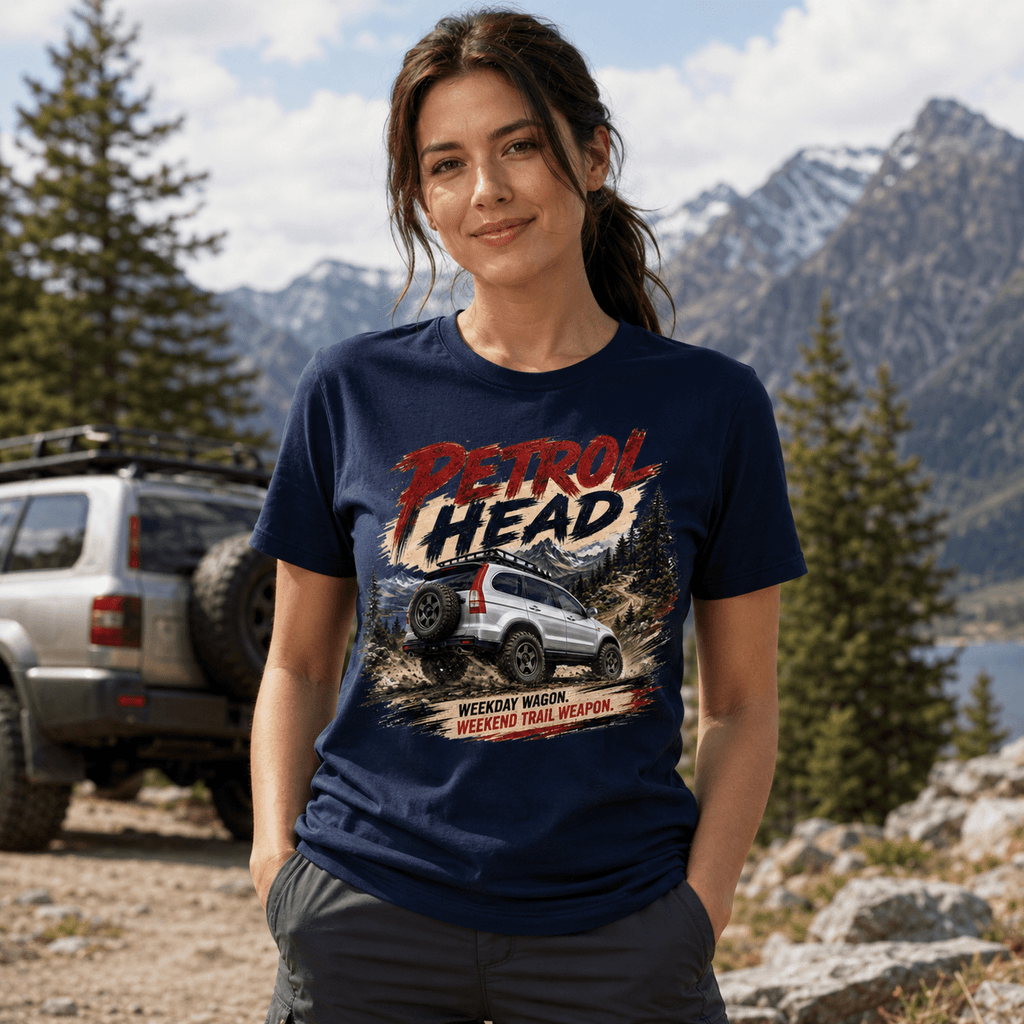 Model wearing Camberline Cars Petrol Head T-Shirt in Navy