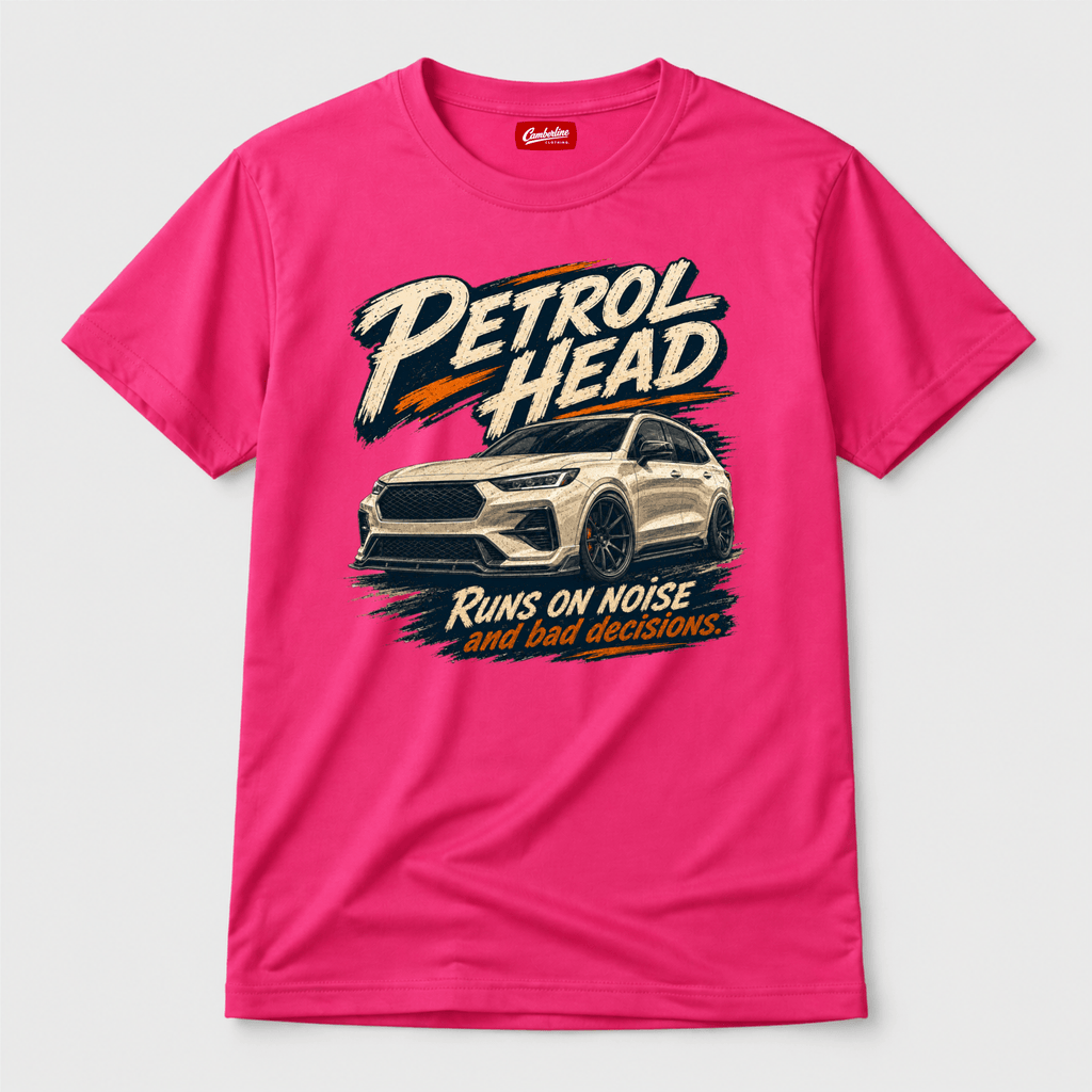Camberline Cars Petrol Head SUV Crossover T-Shirt in Hot Pink showing front graphic