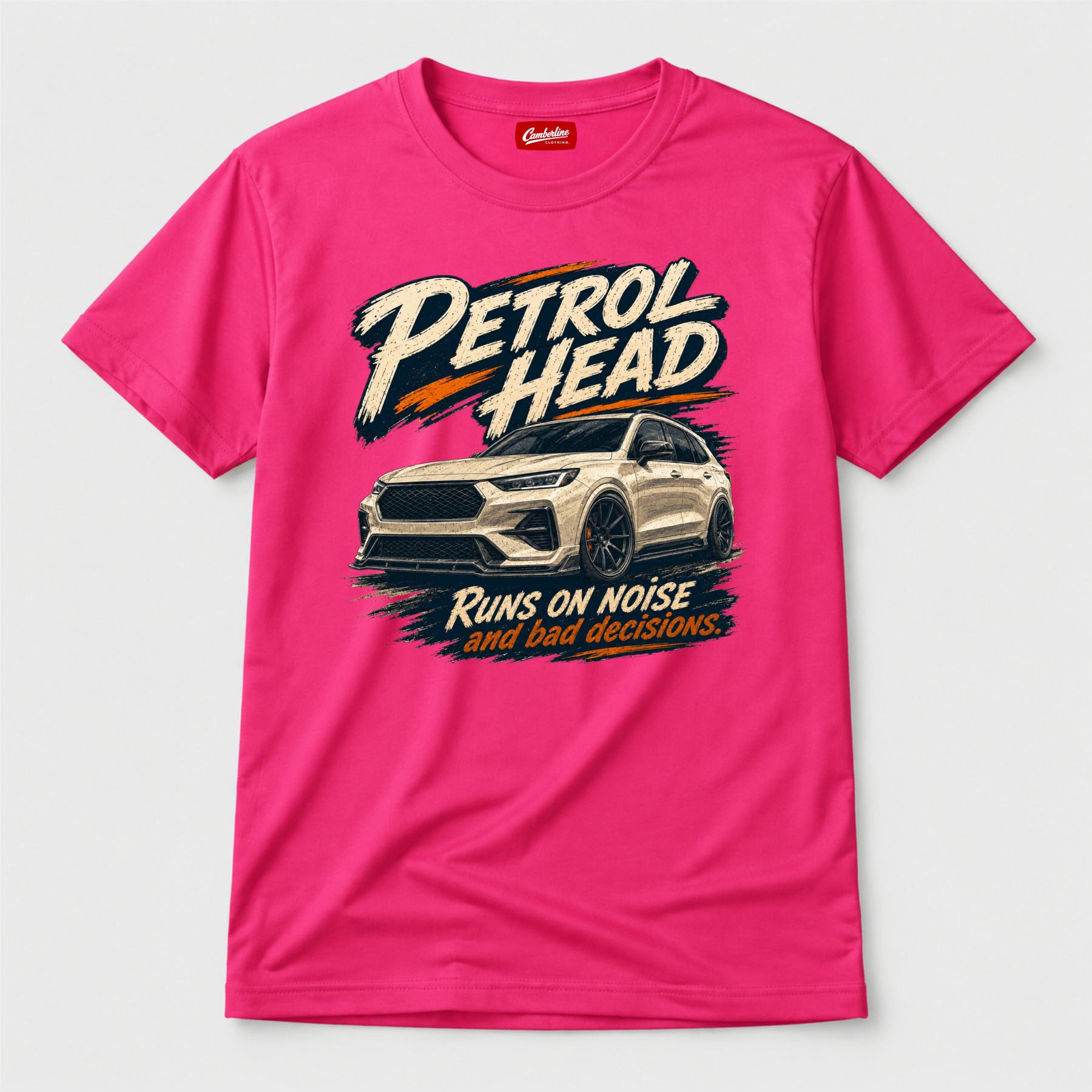 Camberline Cars Petrol Head SUV Crossover T-Shirt in Hot Pink showing front graphic