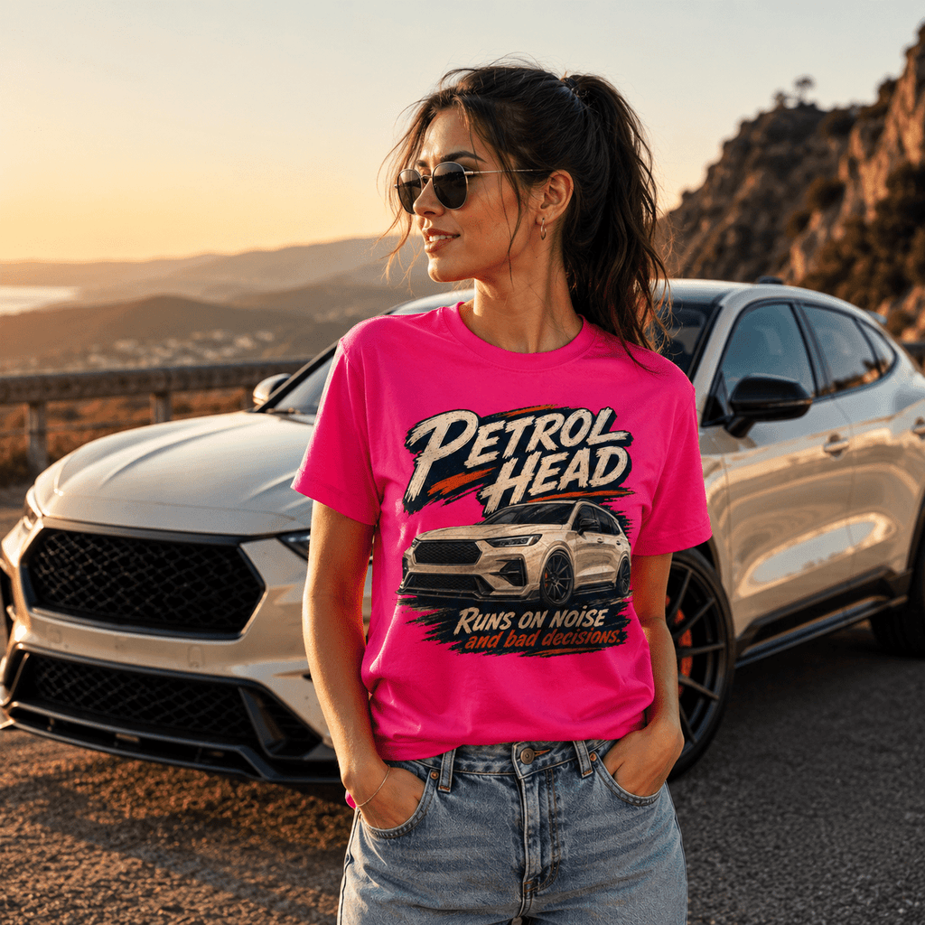 Model wearing Camberline Cars Petrol Head SUV Crossover T-Shirt in Hot Pink, styled for car and 4x4 culture