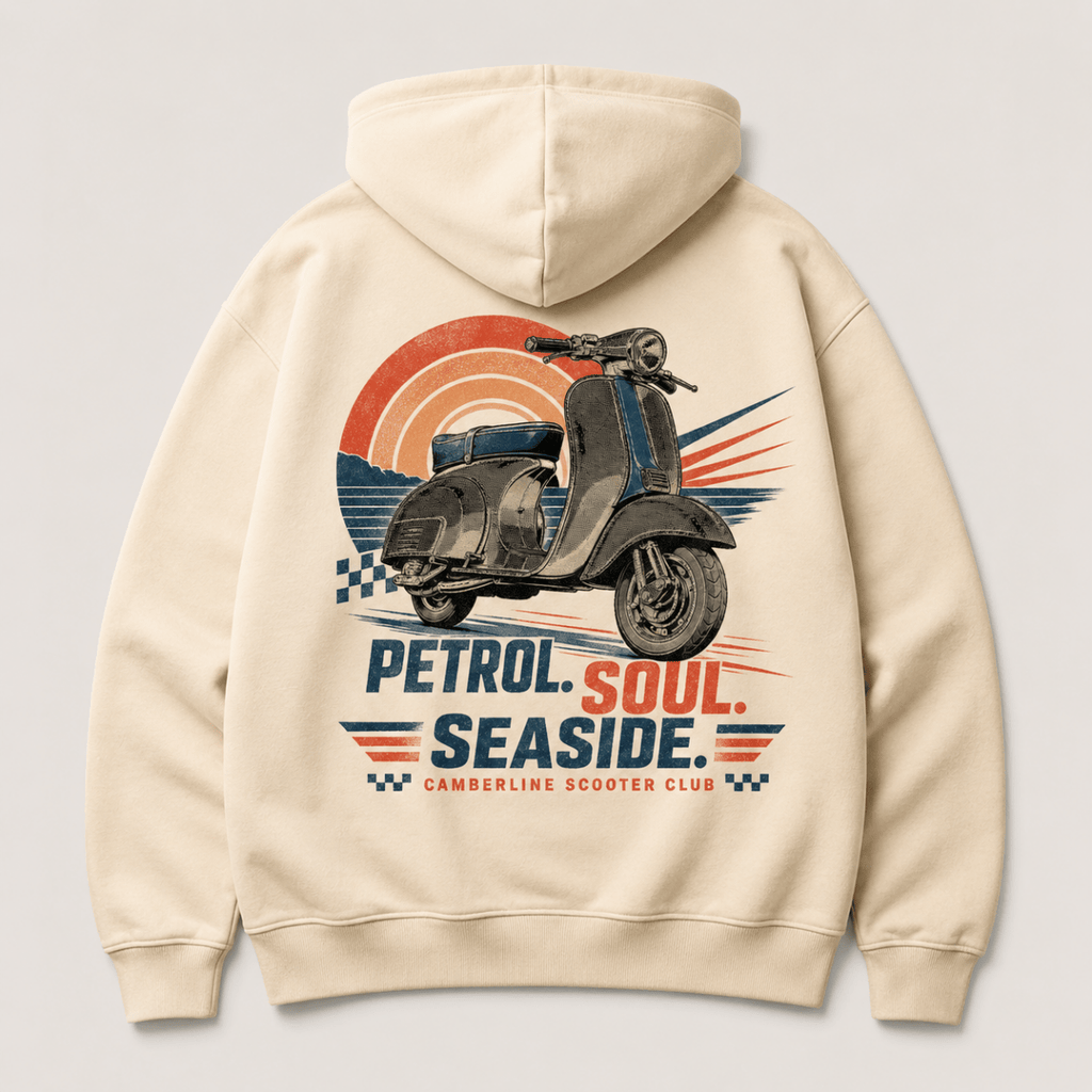 Back product view of the cream Petrol Soul Seaside scooter graphic hoodie