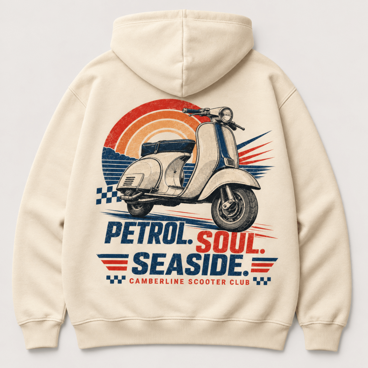 An off-white hooded sweatshirt shown from the back, featuring a retro-style graphic of a scooter with a red, orange, and blue sunset and the text 'PETROL. SOUL.