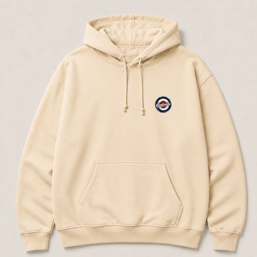 Front product view of the cream hoodie with small Camberline left-chest print